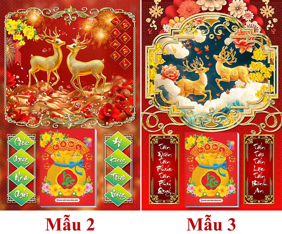 3 Mẫu Hươu Tài Lộc - Lịch Treo Tường Laminate Tráng Gương 2025 (40x60 cm)